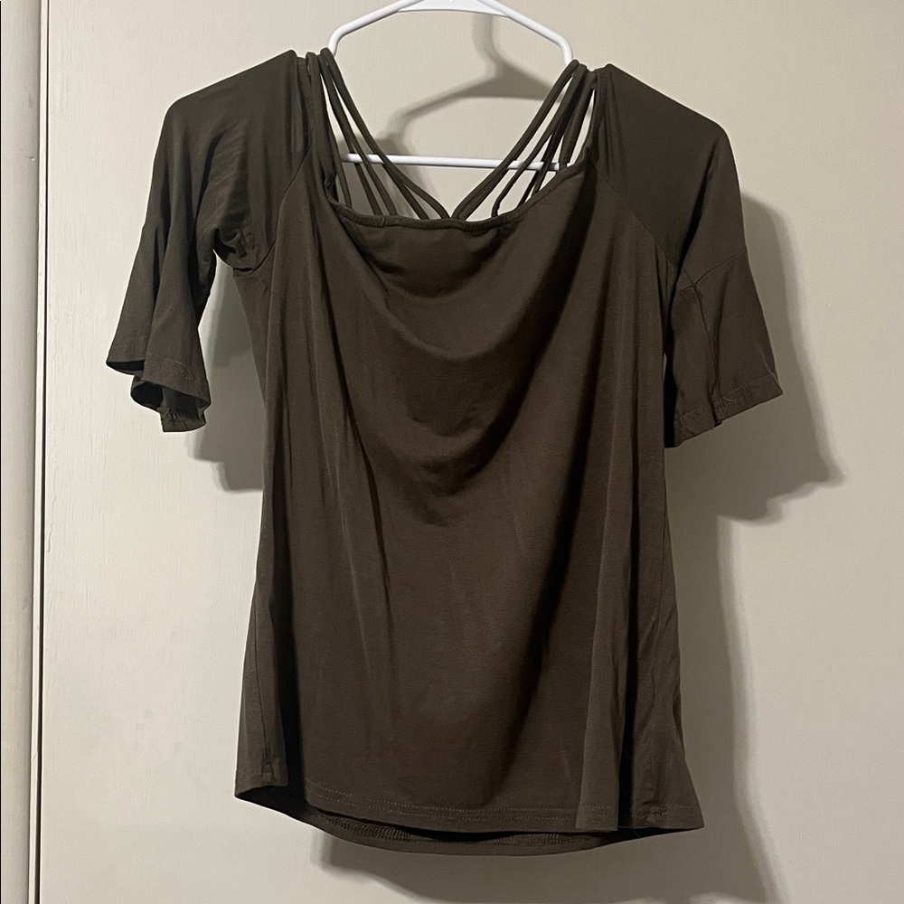 Olive Green Women's Top with Strappy Neckline
